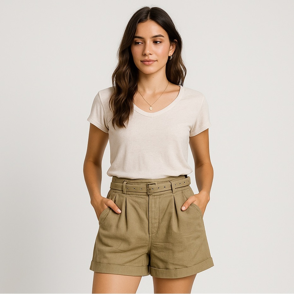 Banana Republic Khaki Linen Blend Pleated Belted Shorts – Size 14